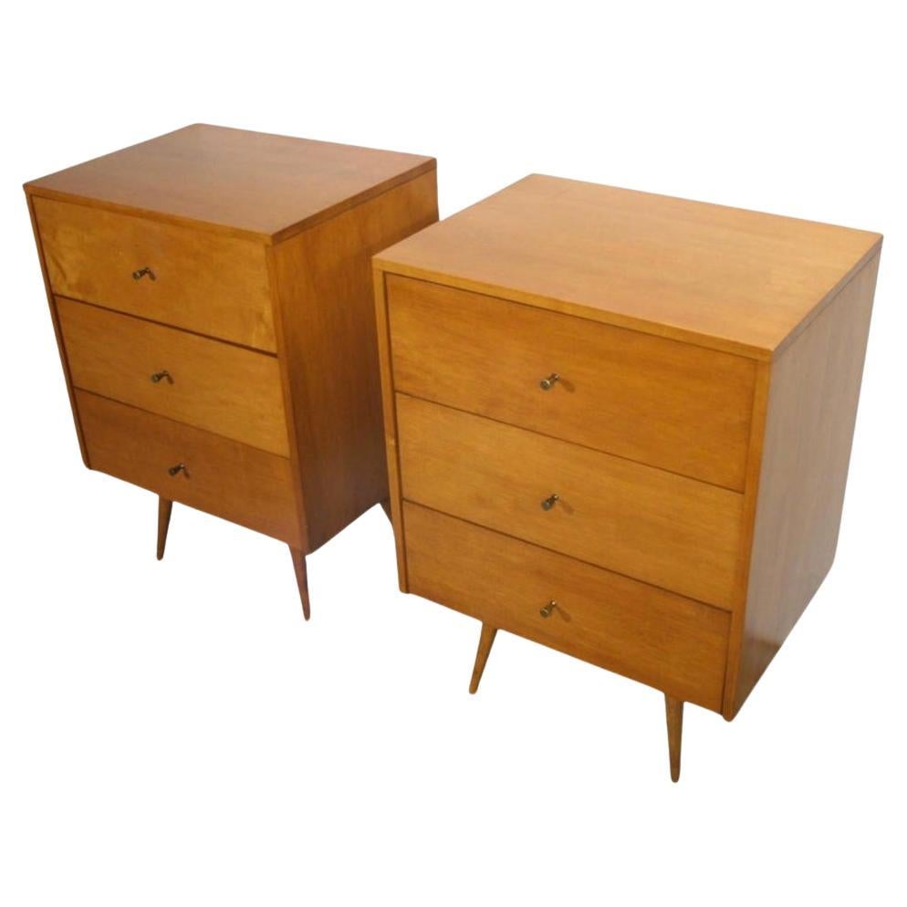 American Pair of Mid century Paul McCobb 3 Drawer #1506 Nightstands Blonde Maple Brass