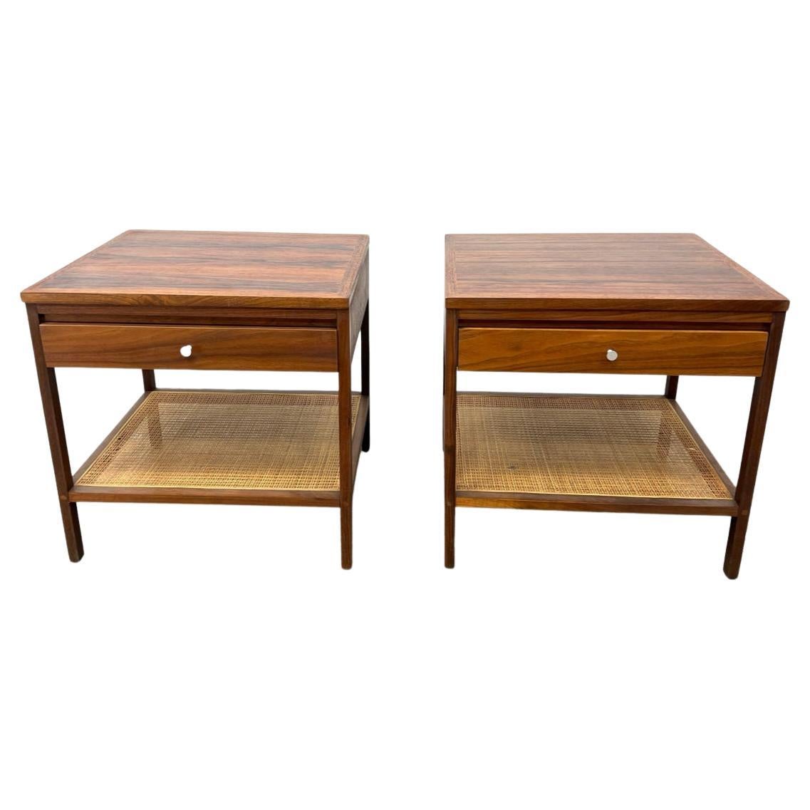 Pair Mid century Paul Mccobb for Lane walnut rosewood and cane nightstands. Designed by Paul Mccobb and manufactured by Lane in Alta Vista VA. Walnut with rosewood sections and solid oak drawer construction with a chrome nickel pull. Has a woven