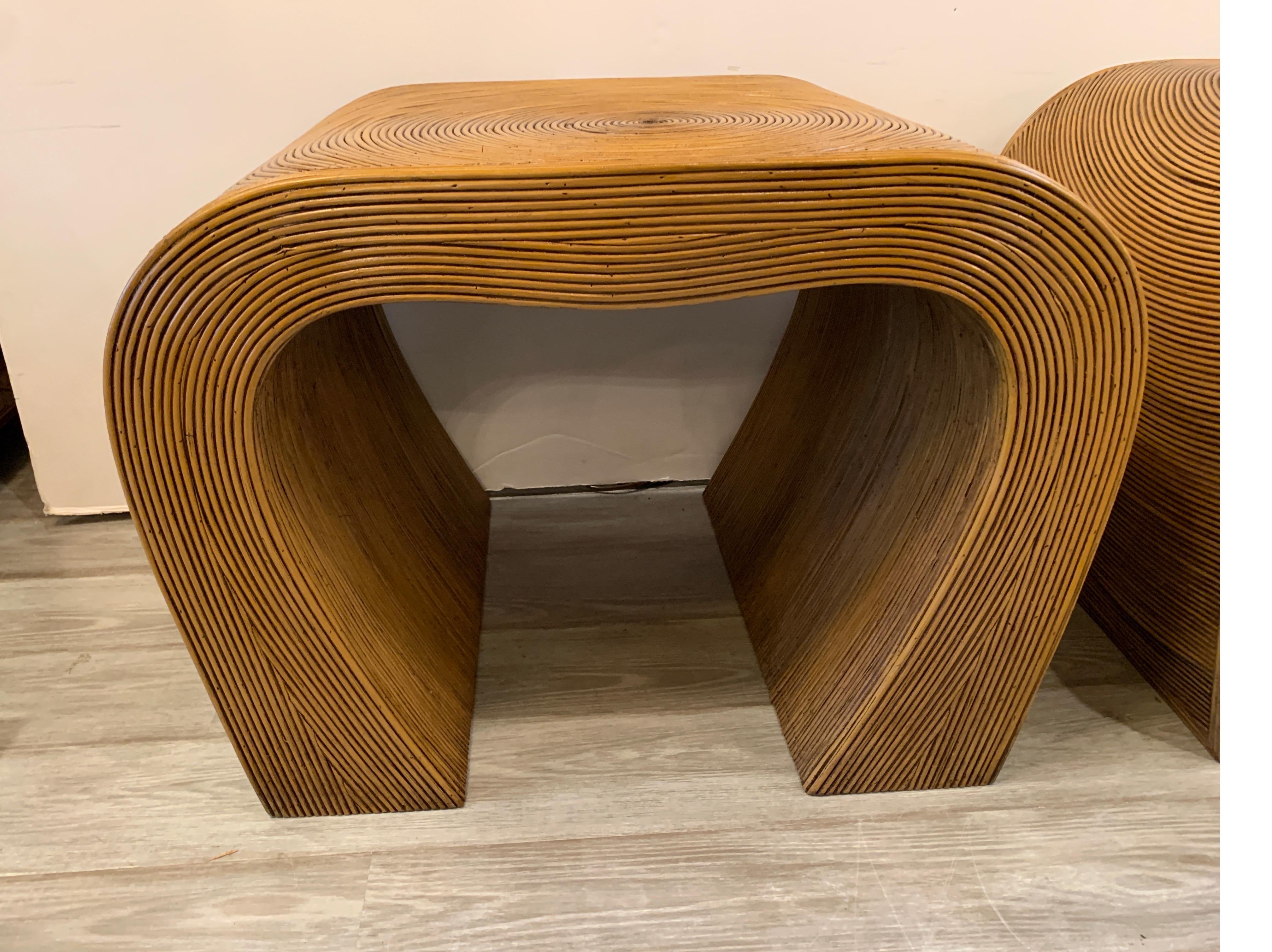 Pair of Midcentury Pencil Reed Rattan Waterfall Design Side Tables In Good Condition In Lambertville, NJ