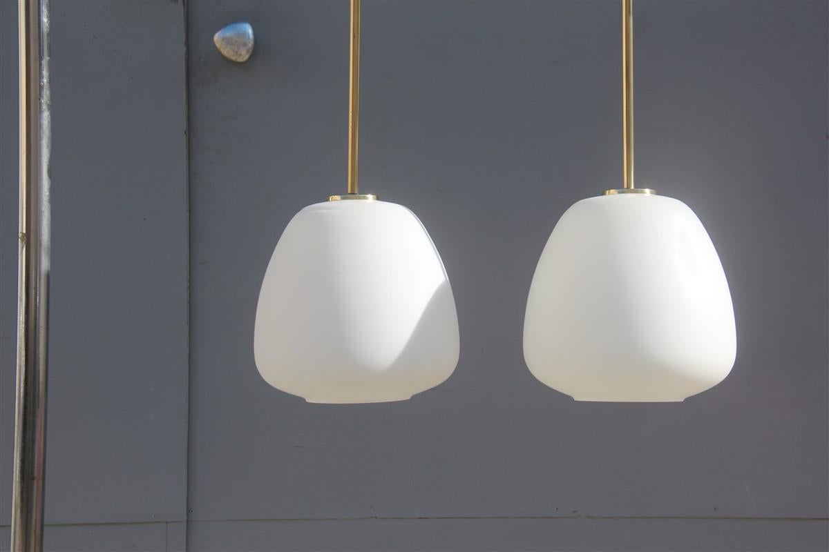 Mid-Century Modern Pair of Midcentury Pendant Lantern Italian Design Brass White Murano Stilnovo For Sale