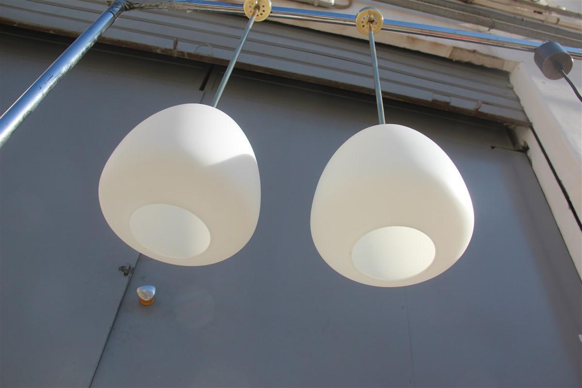 Mid-20th Century Pair of Midcentury Pendant Lantern Italian Design Brass White Murano Stilnovo For Sale