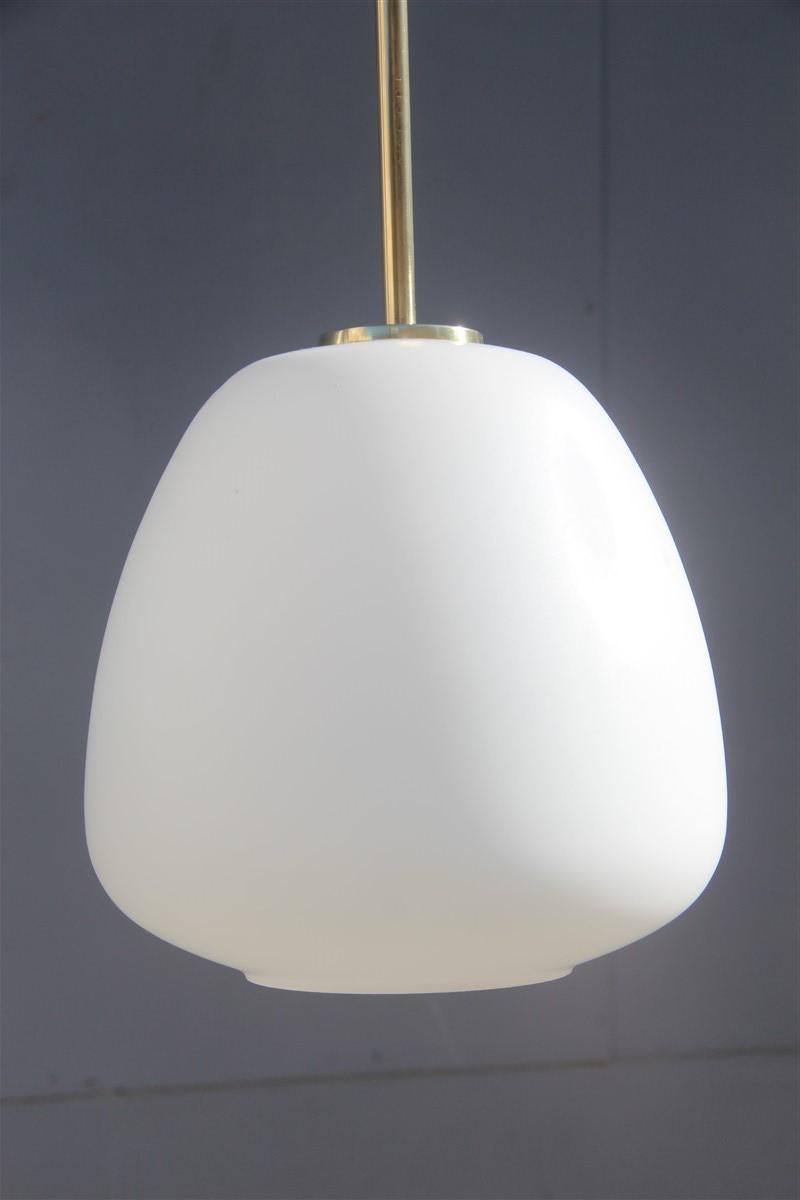 Pair of Midcentury Pendant Lantern Italian Design Brass White Murano Stilnovo For Sale 1