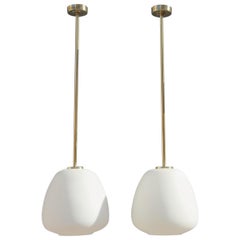 Pair of Midcentury Pendant Lantern Italian Design Brass White Murano Stilnovo