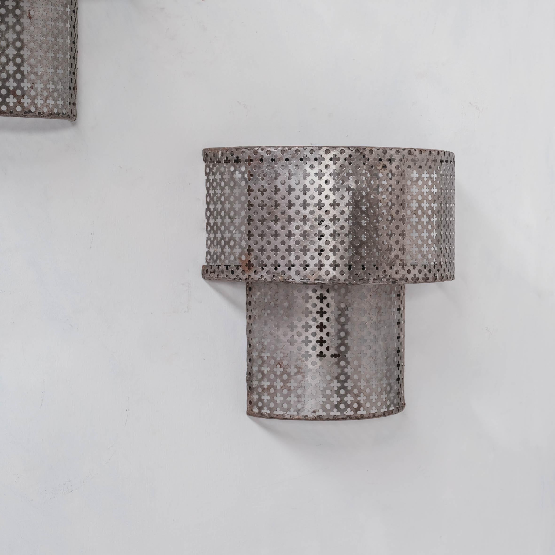 French Pair of Mid-Century Perforated Metal Wall Sconce Lights