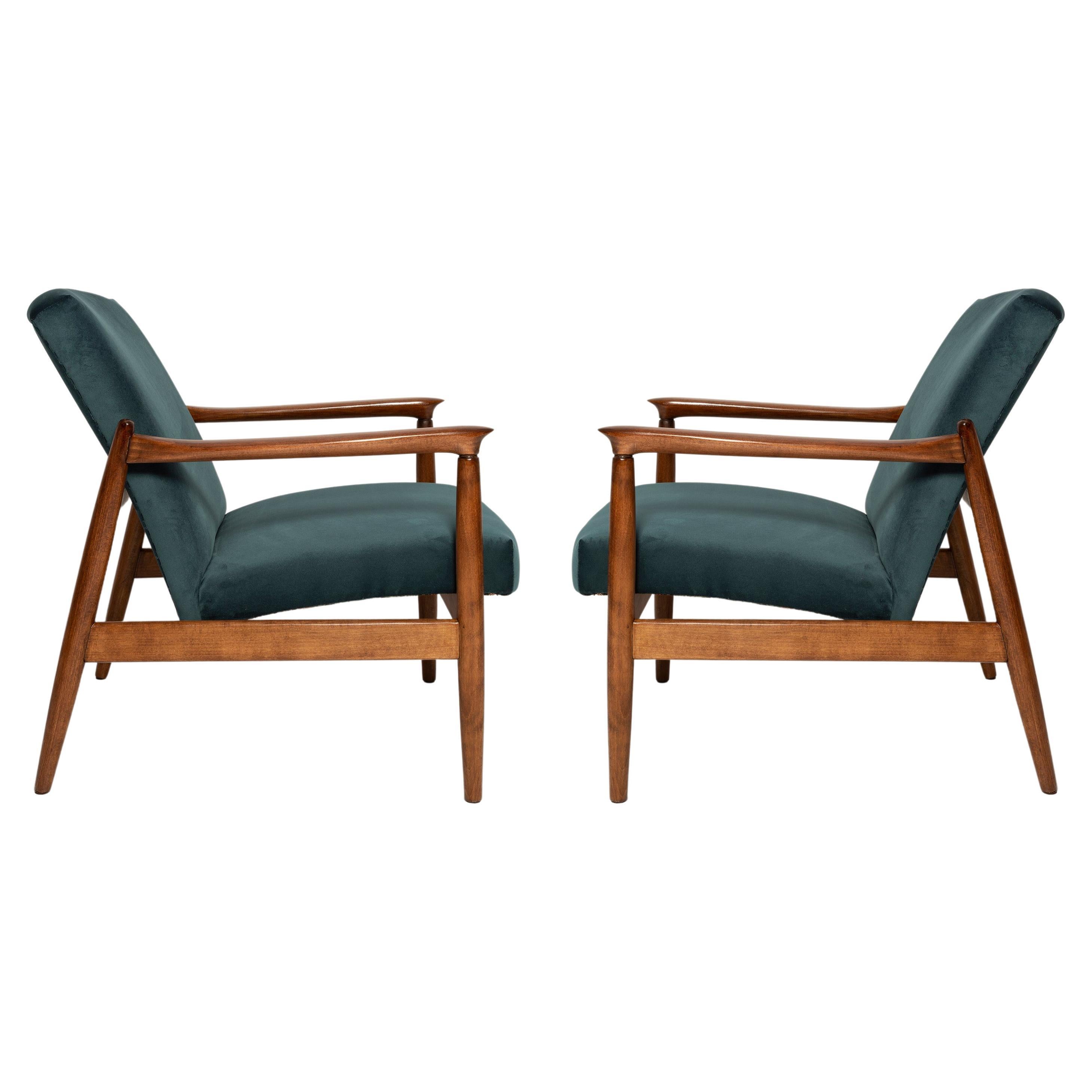 Pair of Midcentury Petrol Blue Armchairs, Edmund Homa, Poland, 1960s For Sale