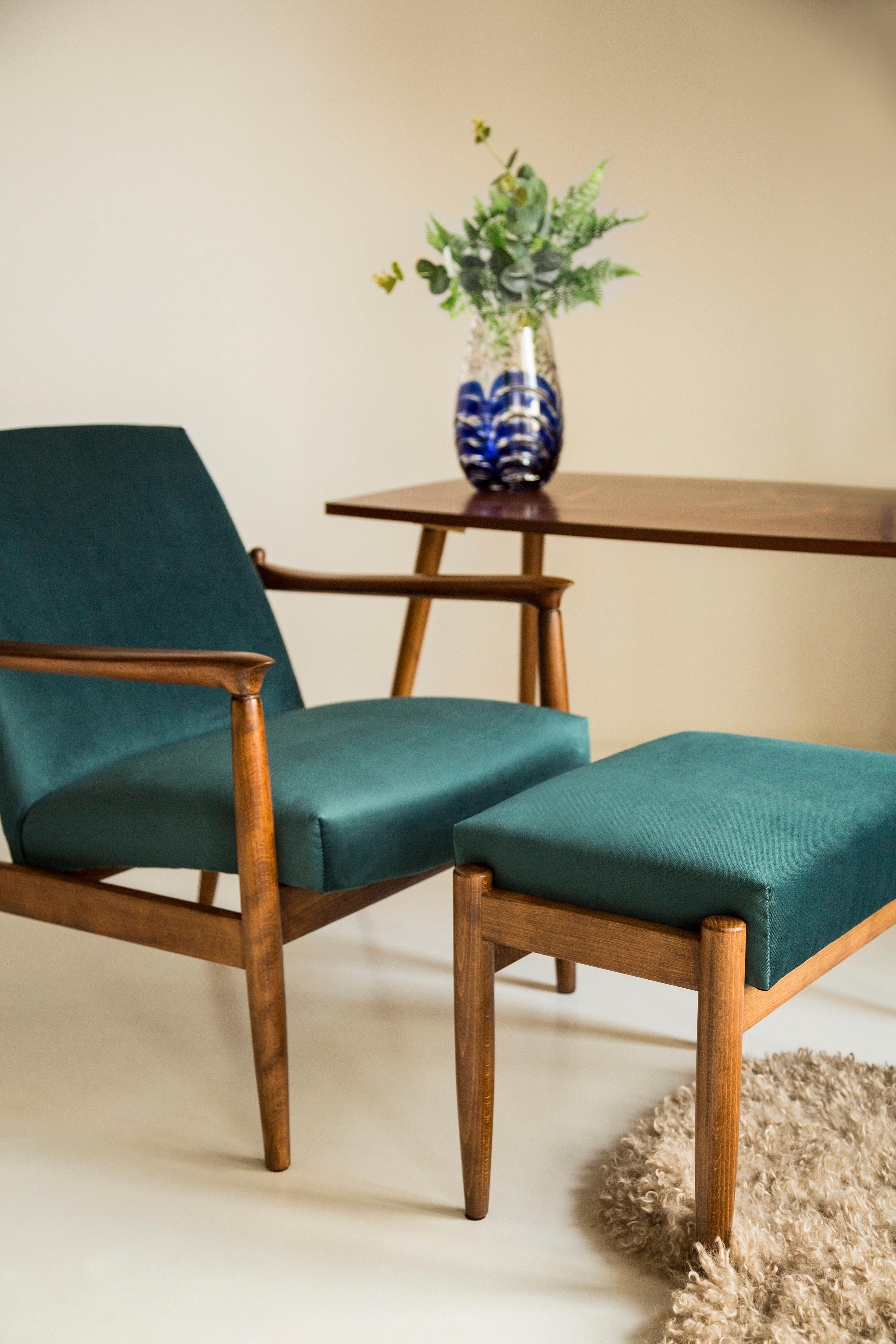 Stools from the turn of the 1960s. Beautiful petrol blue high quality upholstery. The stools consists of an upholstered part, a seat and wooden legs narrowing downwards, characteristic of the 1960s style. We can prepare this stools also in another