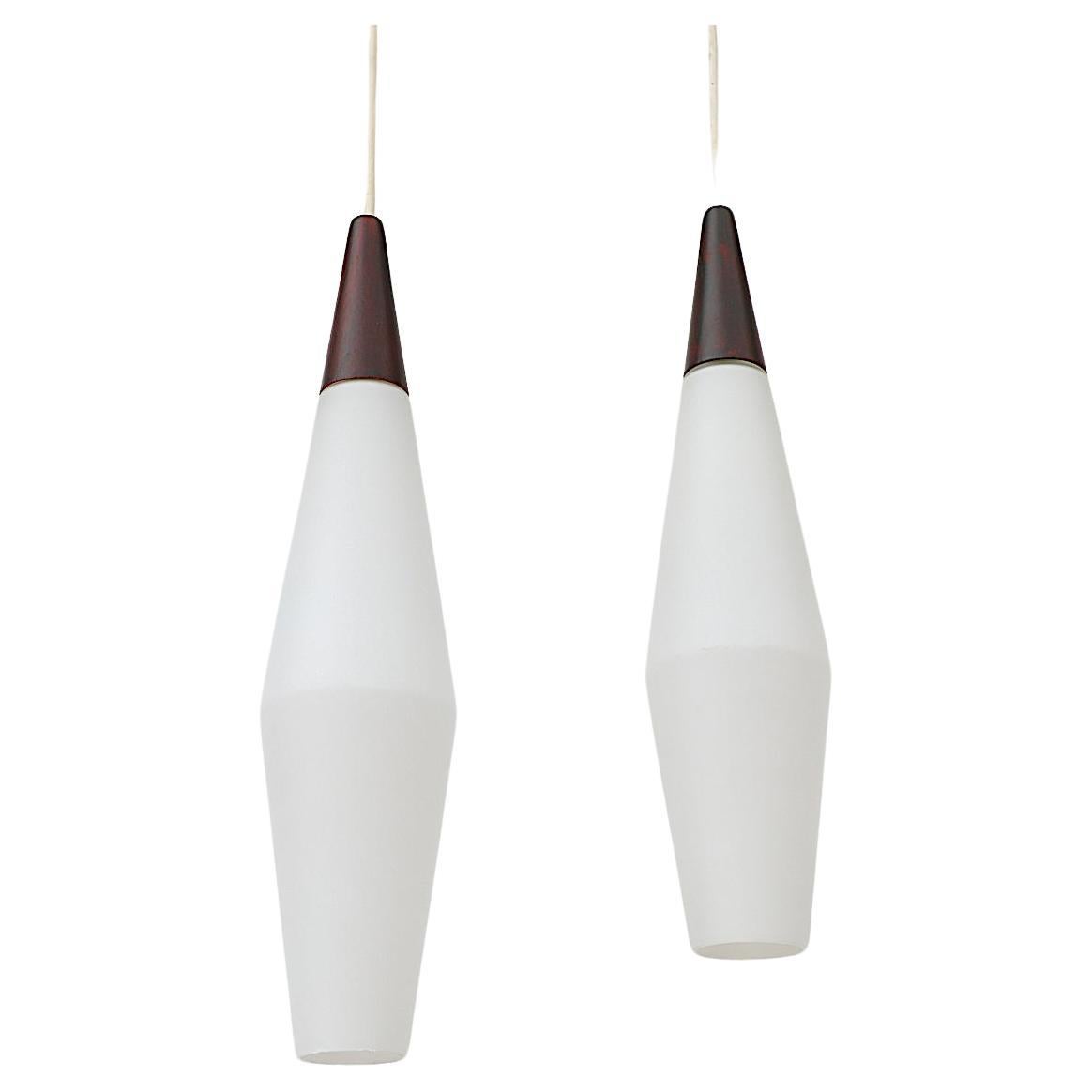 Pair of Mid-Century Philips Opaline Milk Glass Pendants For Sale