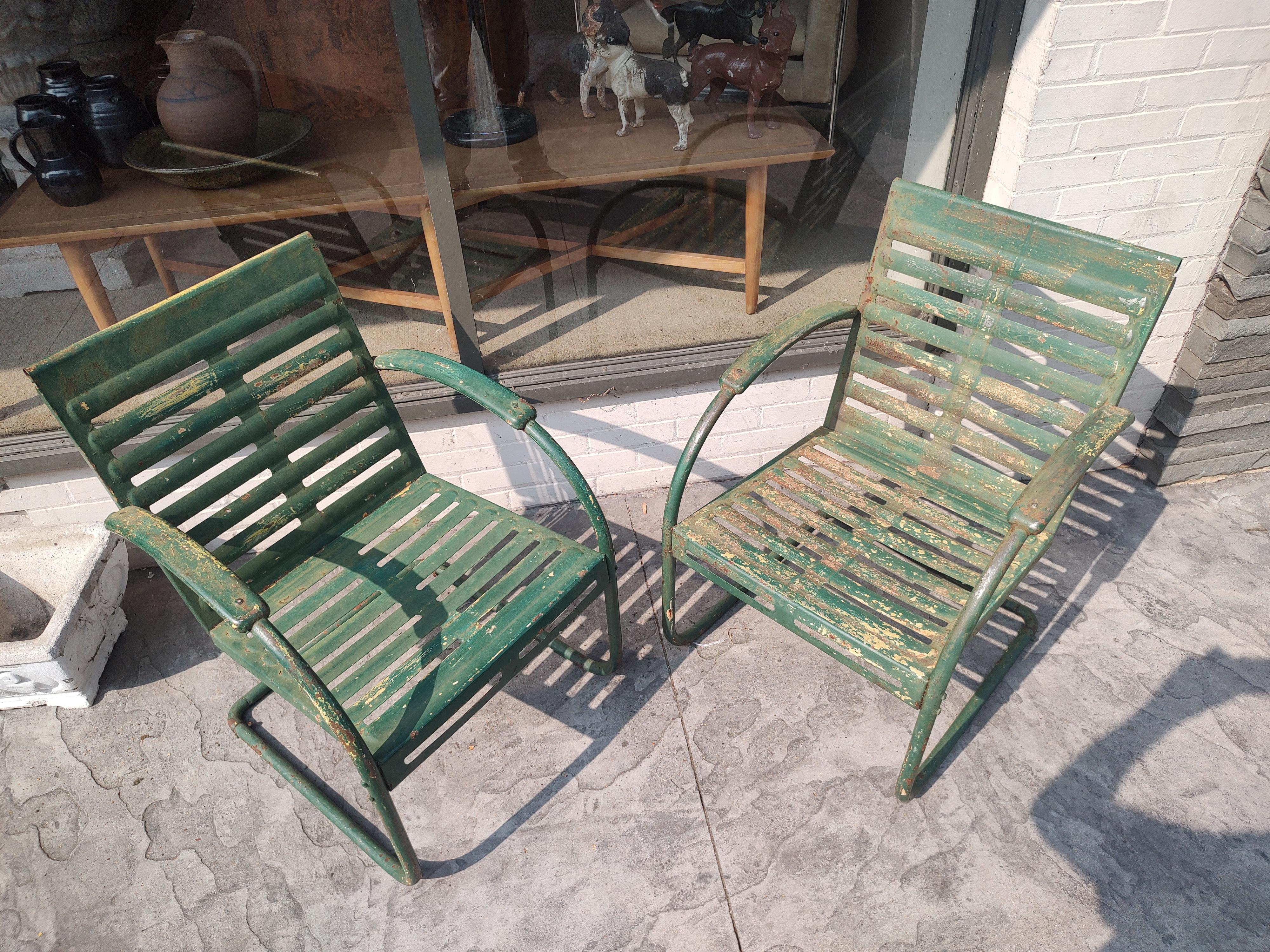 Pair of Midcentury Pierced Porch Bounce Chairs C1940 in Old Paint 2
