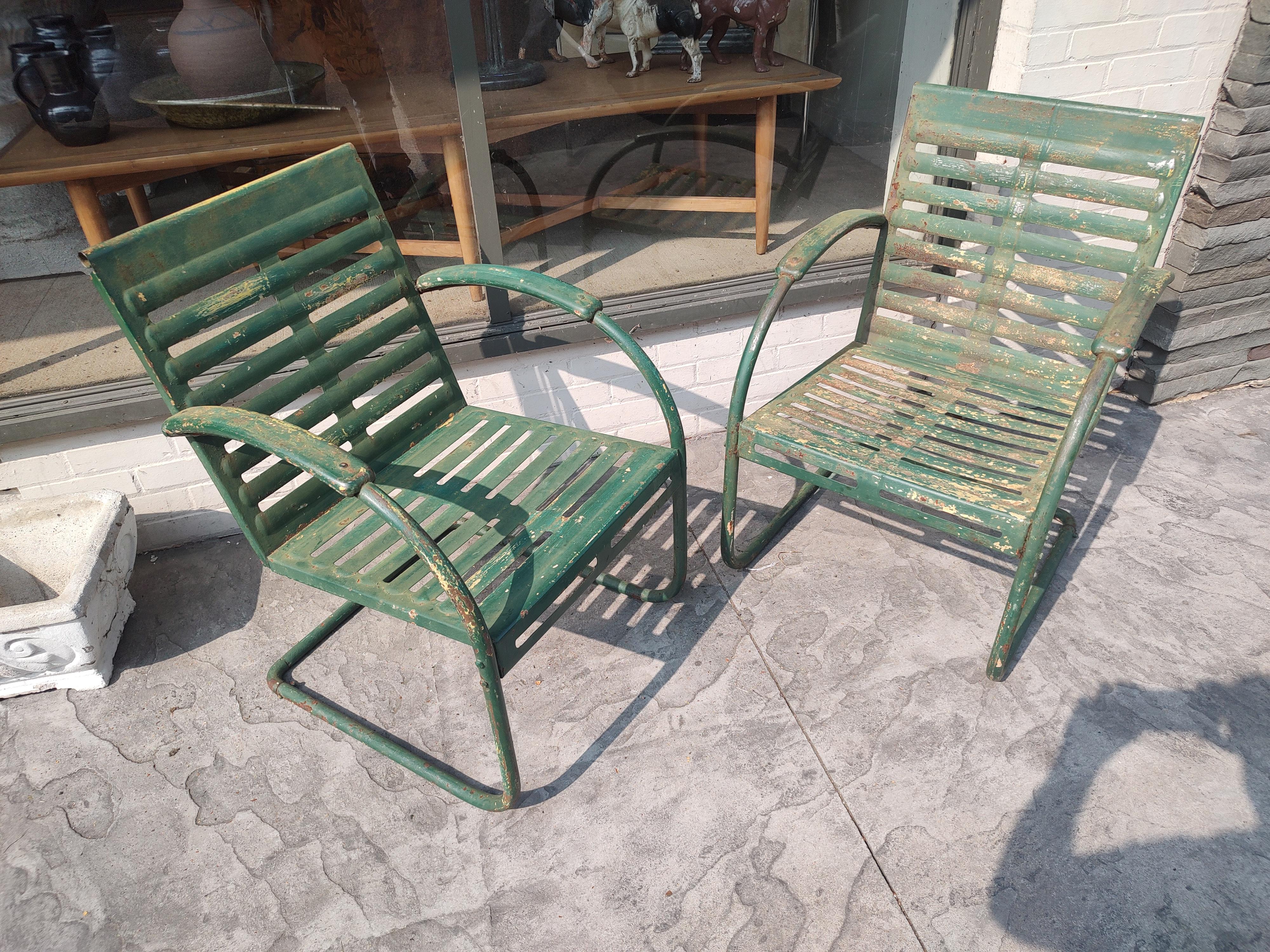 Pair of Midcentury Pierced Porch Bounce Chairs C1940 in Old Paint 3