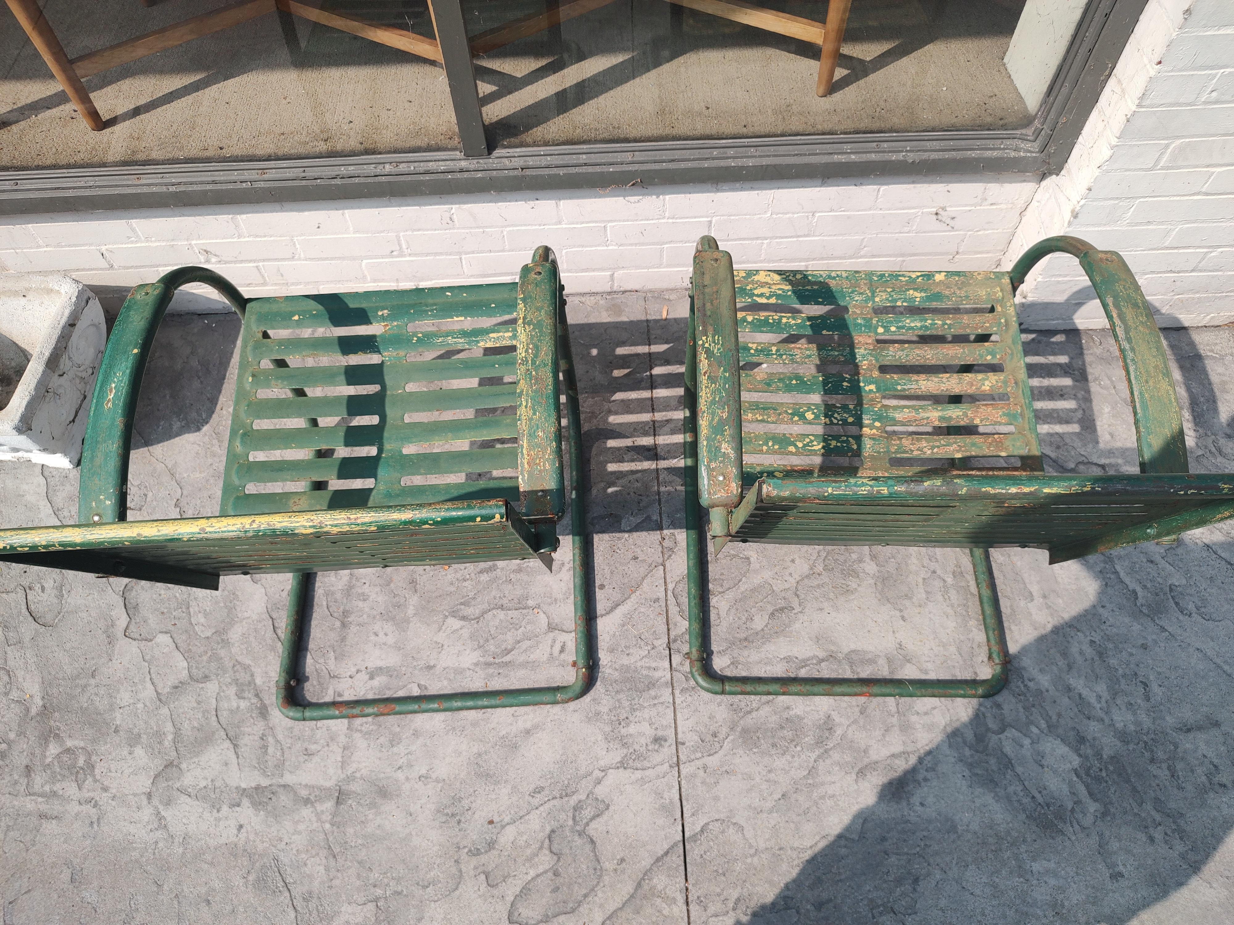 Adirondack Pair of Midcentury Pierced Porch Bounce Chairs C1940 in Old Paint
