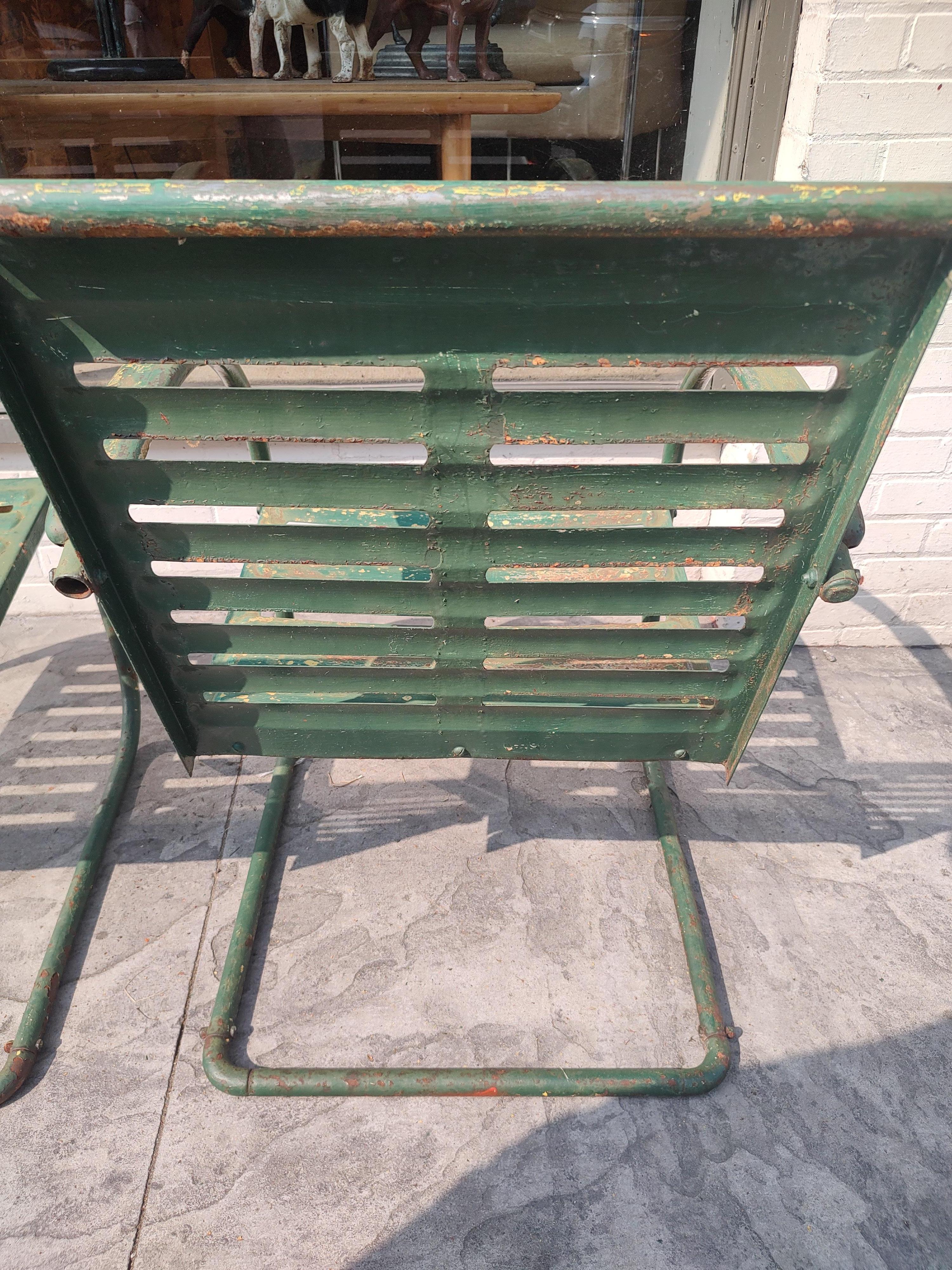 Hand-Crafted Pair of Midcentury Pierced Porch Bounce Chairs C1940 in Old Paint