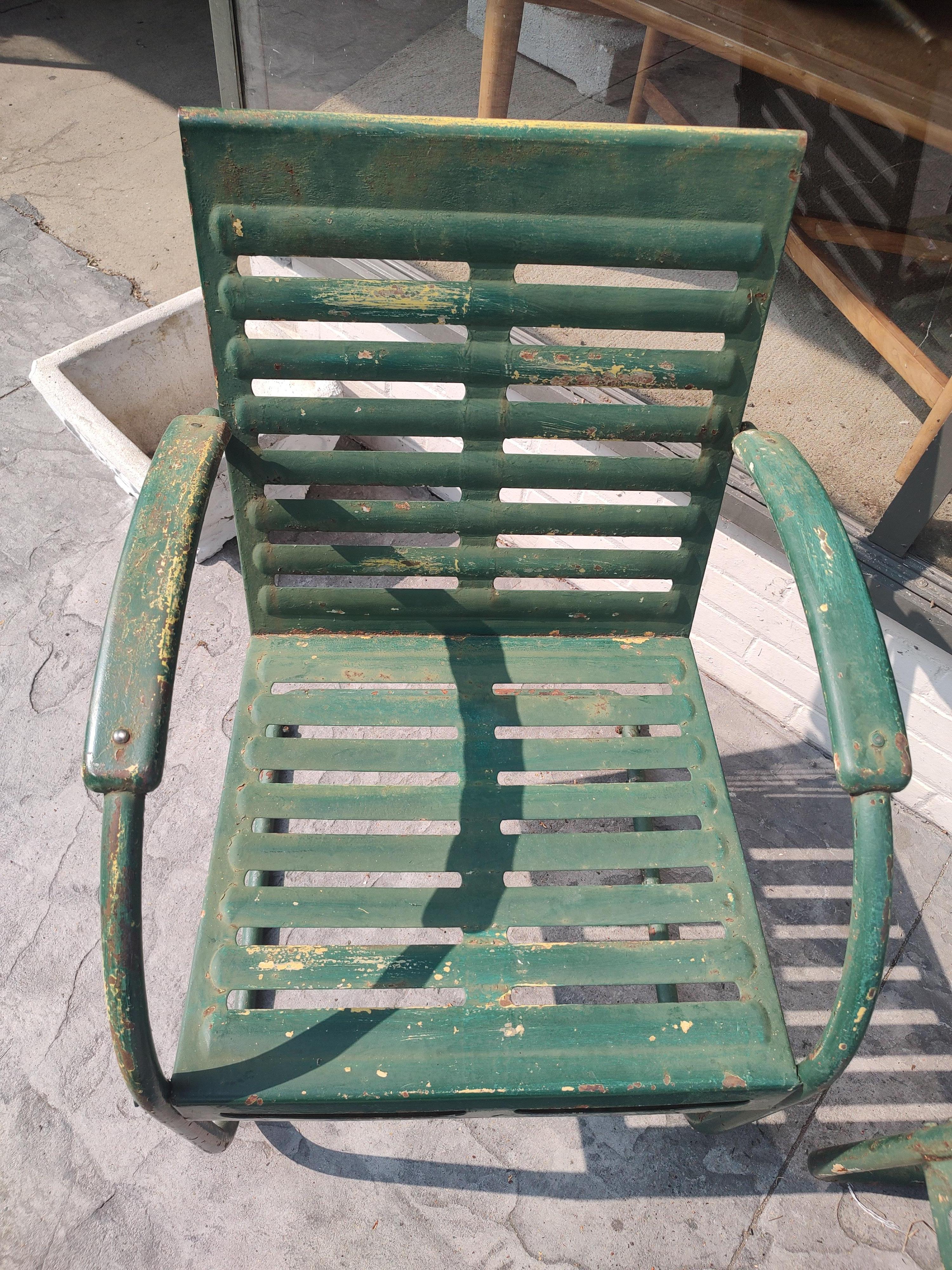 Steel Pair of Midcentury Pierced Porch Bounce Chairs C1940 in Old Paint