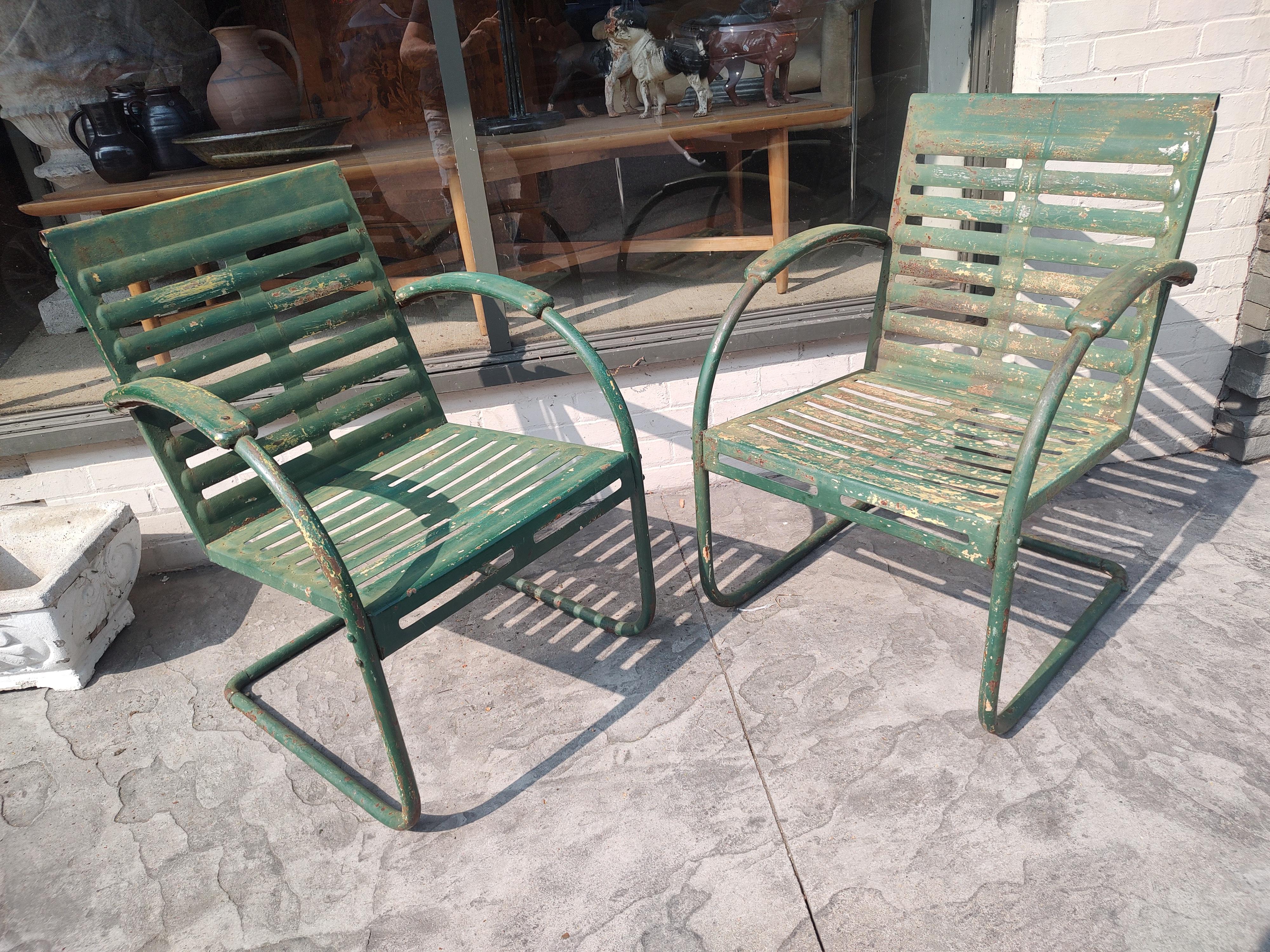 Pair of Midcentury Pierced Porch Bounce Chairs C1940 in Old Paint 1