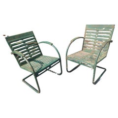 Pair of Midcentury Pierced Porch Bounce Chairs C1940 in Old Paint