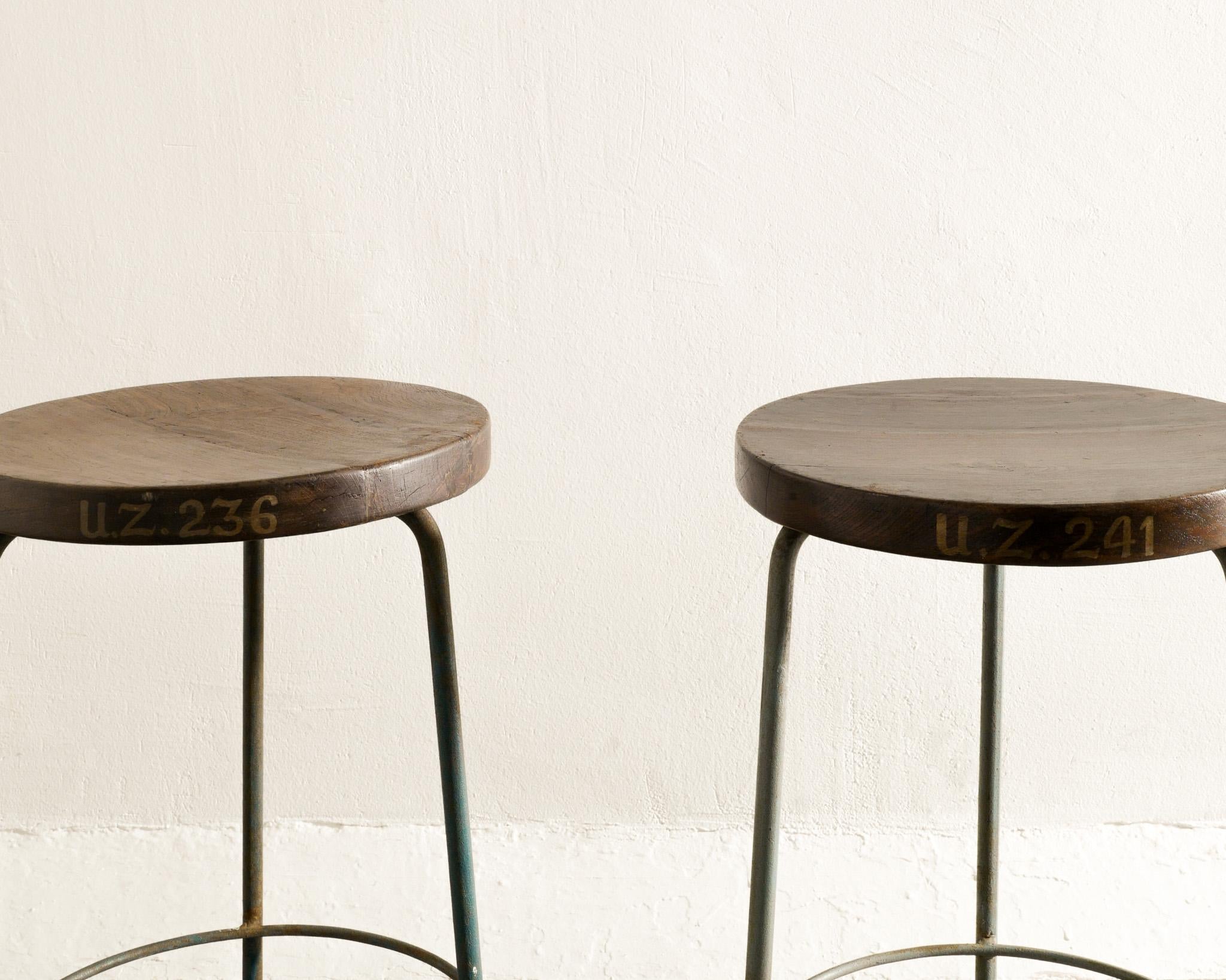 Mid-Century Modern Pair of Mid Century Pierre Jeanneret High Stools in Teak & Iron Produced, 1950s For Sale