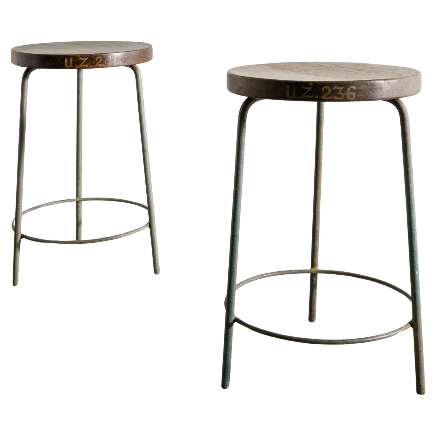 Pair of Mid Century Pierre Jeanneret High Stools in Teak & Iron Produced, 1950s