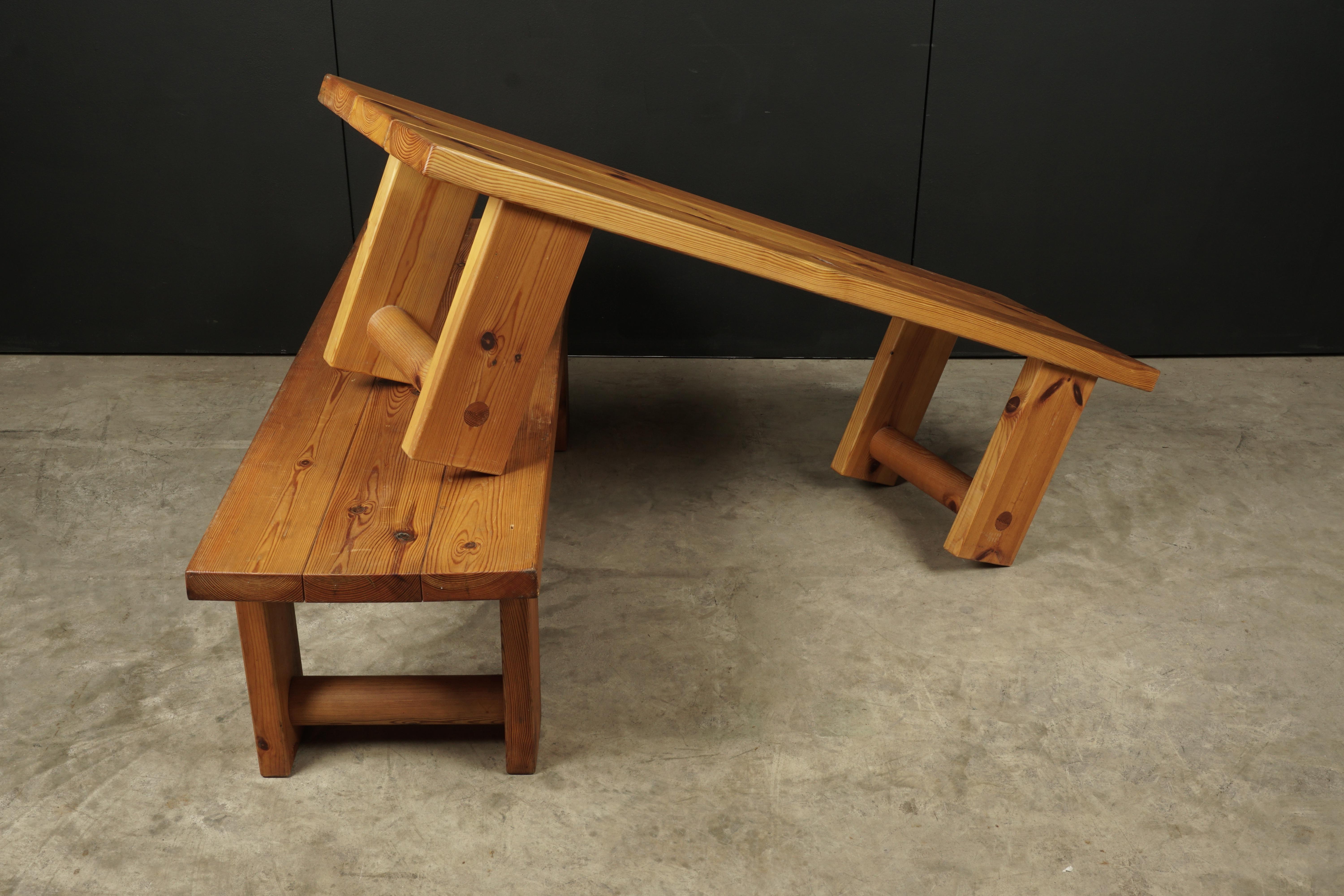 Pair of midcentury solid pine benches from Sweden, circa 1970. Solid pine construction with light wear and patina.