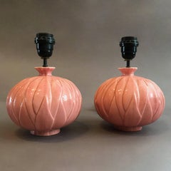 Pair of Midcentury Pink Ceramic Lotus Petal Table Lamps