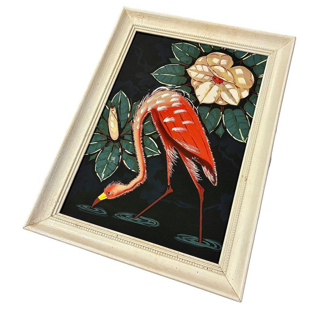 Un bonito conjunto de dos aerografías de flores y flamencos rosas sobre fondo negro, por Billy Seay. Es un gran ejemplo del auge del arte/decoración tropical posterior a la Segunda Guerra Mundial, que se apoderó de América desde finales de los años