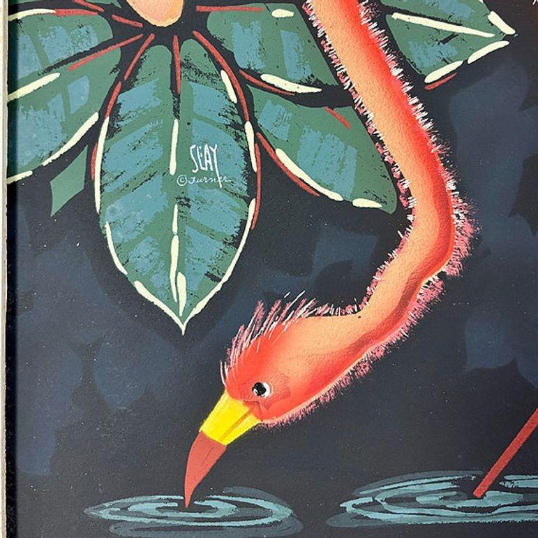 Pareja de aerografías de flamencos rosas de mediados de siglo de Billy SEAY en marco en Excelente estado para la venta en Van Nuys, CA
