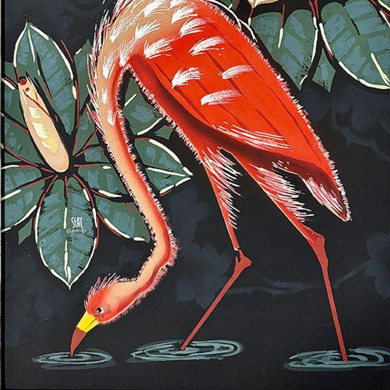 Pareja de aerografías de flamencos rosas de mediados de siglo de Billy SEAY en marco mediados del siglo XX en venta