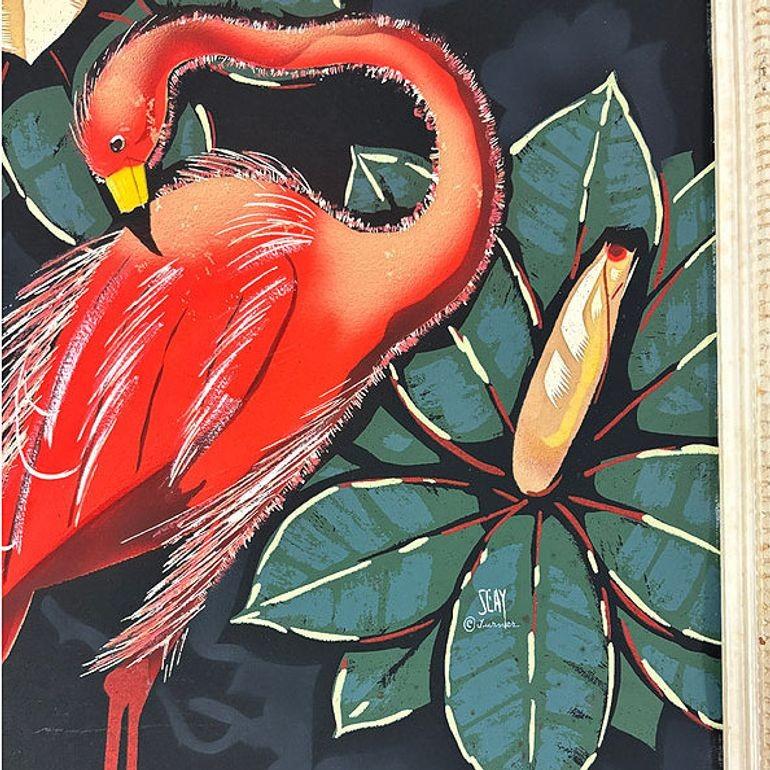 Pareja de aerografías de flamencos rosas de mediados de siglo de Billy SEAY en marco Papel en venta