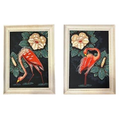 Pair of Mid Century Pink Flamingo Airbrush Prints by Billy SEAY in Frame