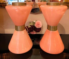 Pair of Mid-Century Pink Murano Glass Table Lamps Hourglass Shaped 1950s