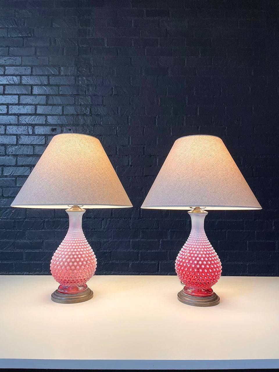 Condition: Newly Rewired, New Linen Shades 

Materials: Pink Murano Hobnail Glass, Patinated Brass Bases

Dimensions: 
21”H x 6”W x 6”D
Shade:
10