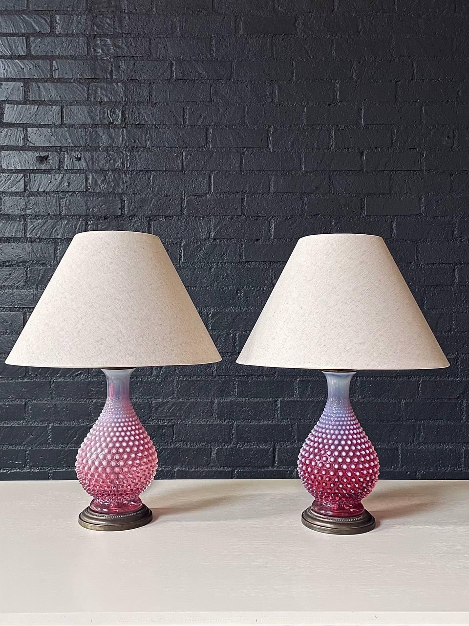 Mid-Century Modern Pair of Mid-Century Pink Murano Hobnail Glass Table Lamps by Fenton For Sale