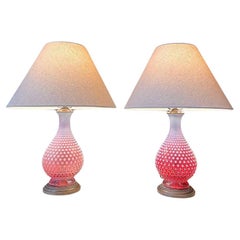 Pair of Mid-Century Pink Murano Hobnail Glass Table Lamps by Fenton