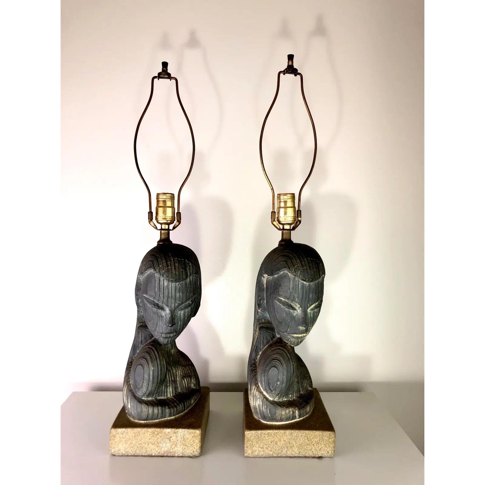 Una splendida coppia di lampade figurative in gesso realizzate dalla Plasto Manufacturing Company di Chicago. È estremamente raro trovare queste lampade in buone condizioni poiché sono realizzate in gesso e sono molto fragili. Questi esemplari sono