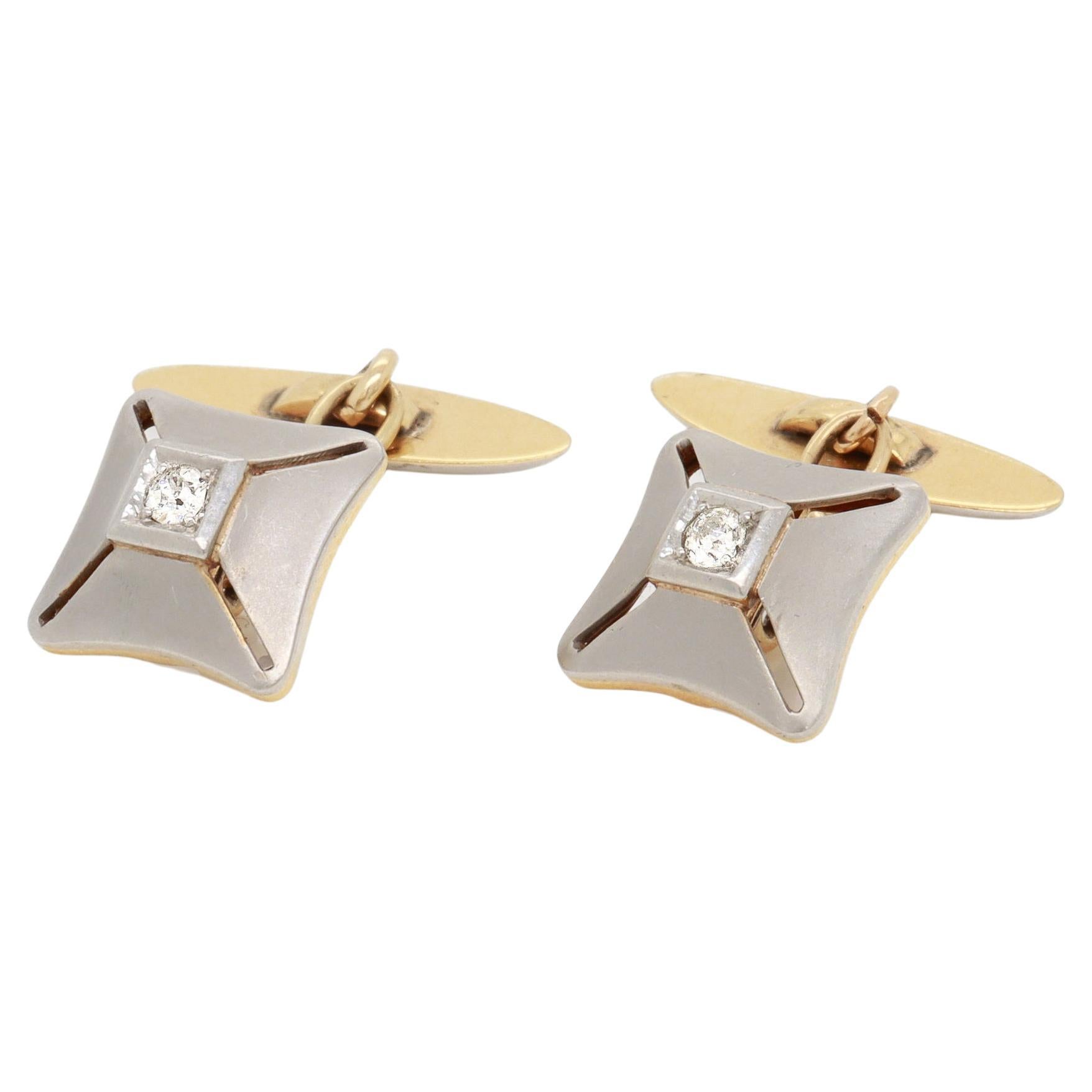 Pair of Mid-Century Platinum-Topped 18K Gold & Diamond Cufflinks