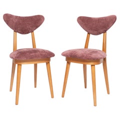 Pair of Midcentury Plum Violet Velvet Light Wood Heart Chairs, Europe, 1960s