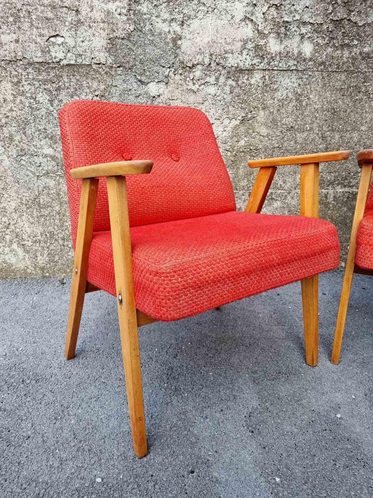 Gorgeous pair of orange Armchairs, model 366, were made in '60s in Poland. They were designed by Jozef Chierowski.

*Price is for pair.

The Chairs are in very good vintage condition. They have original orange-red fabric. They are functional and