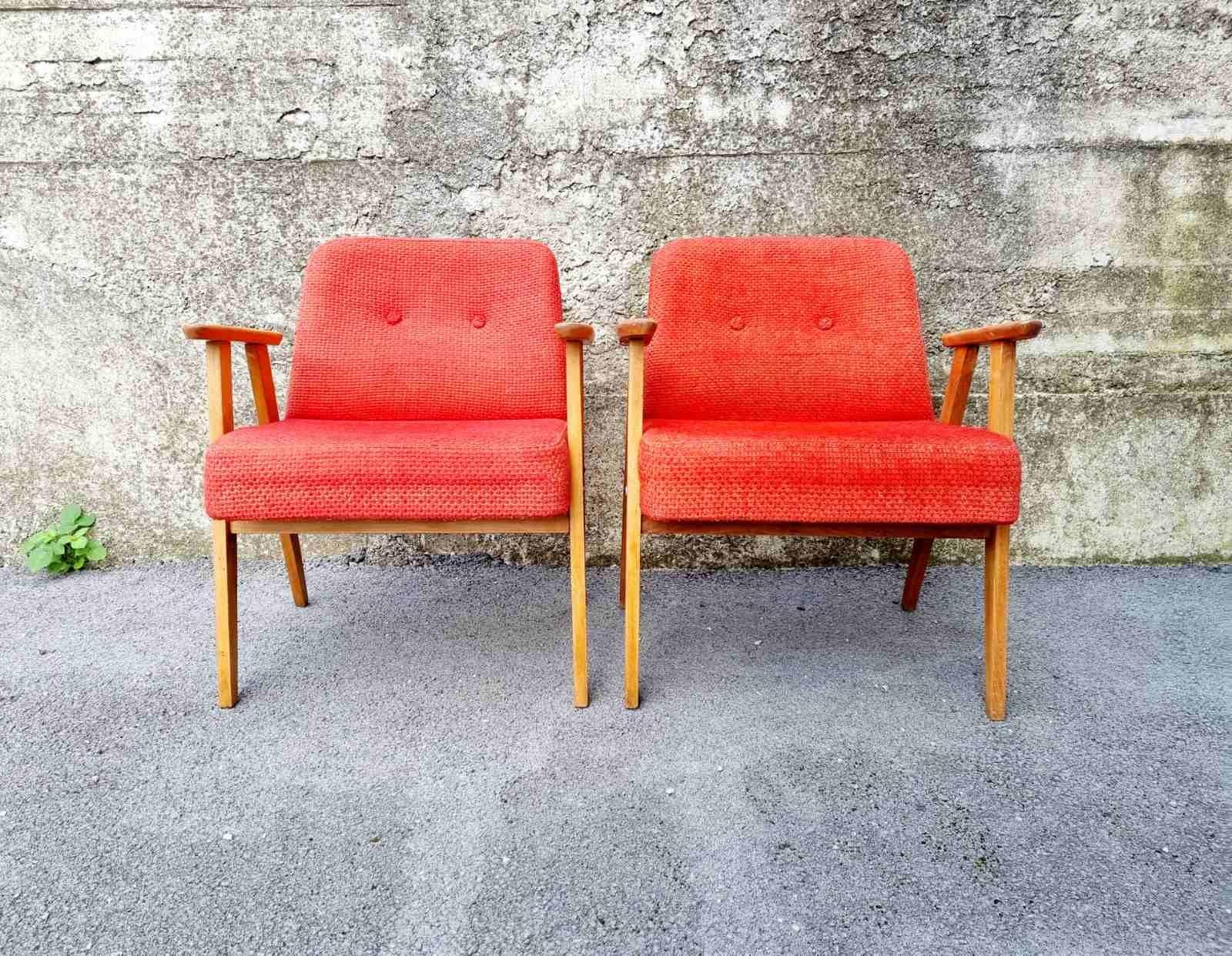 Fabric Pair of Midcentury Polish Armchairs, Model 366, Design by Jozef Chierowski 60s For Sale
