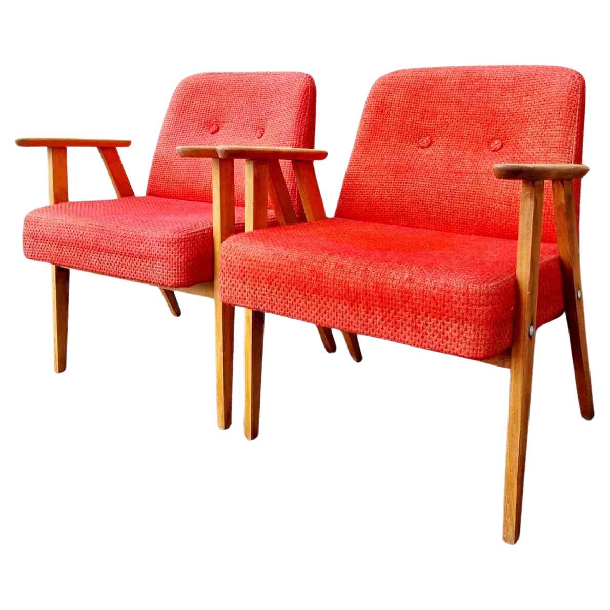 Pair of Midcentury Polish Armchairs, Model 366, Design by Jozef Chierowski 60s For Sale