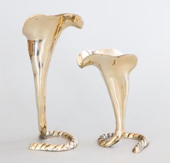 Pareja de candelabros de latón pulido de mediados de siglo con forma de lirio de cala