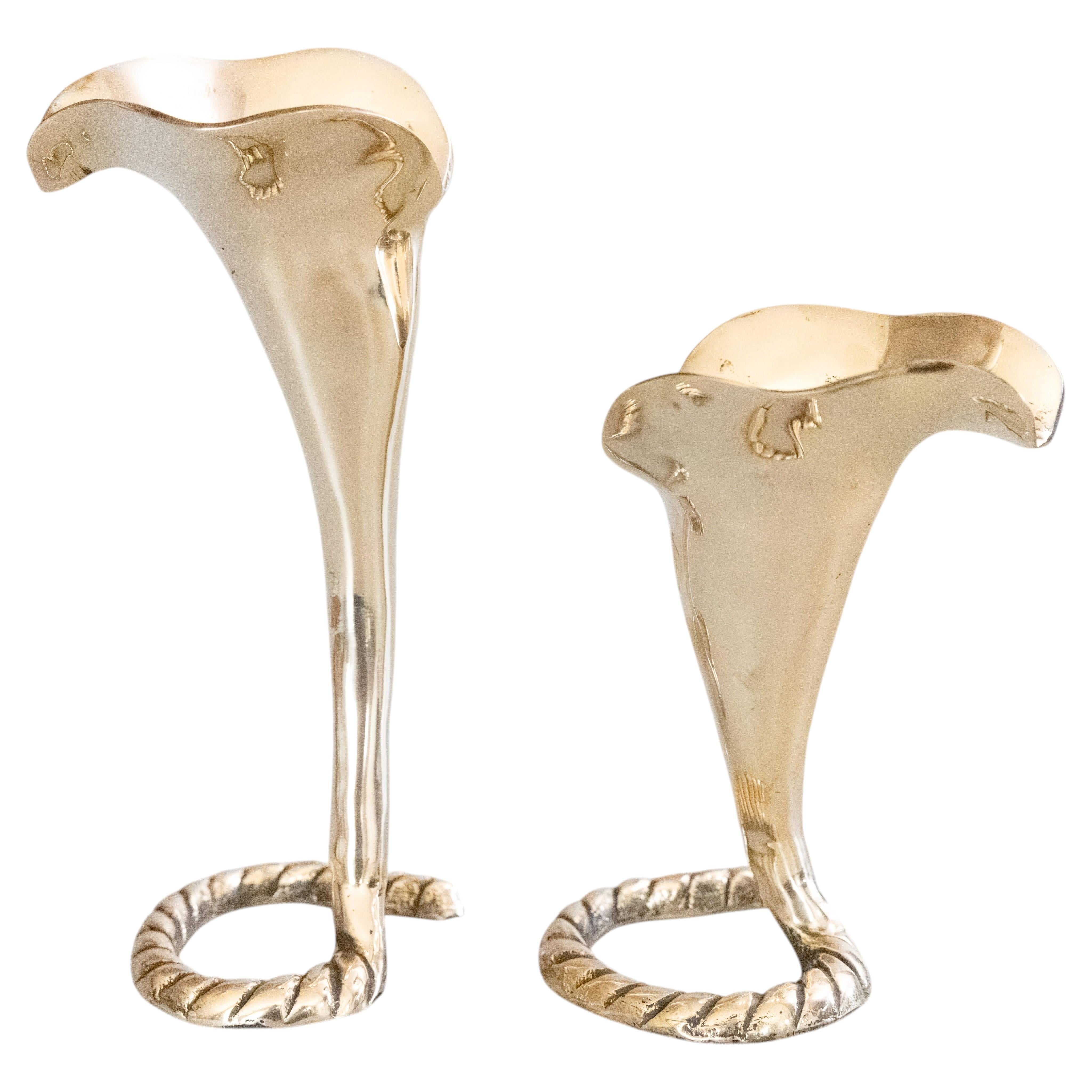 Pair of Mid-Century Polished Brass Calla Lily Candlesticks Candle Holders