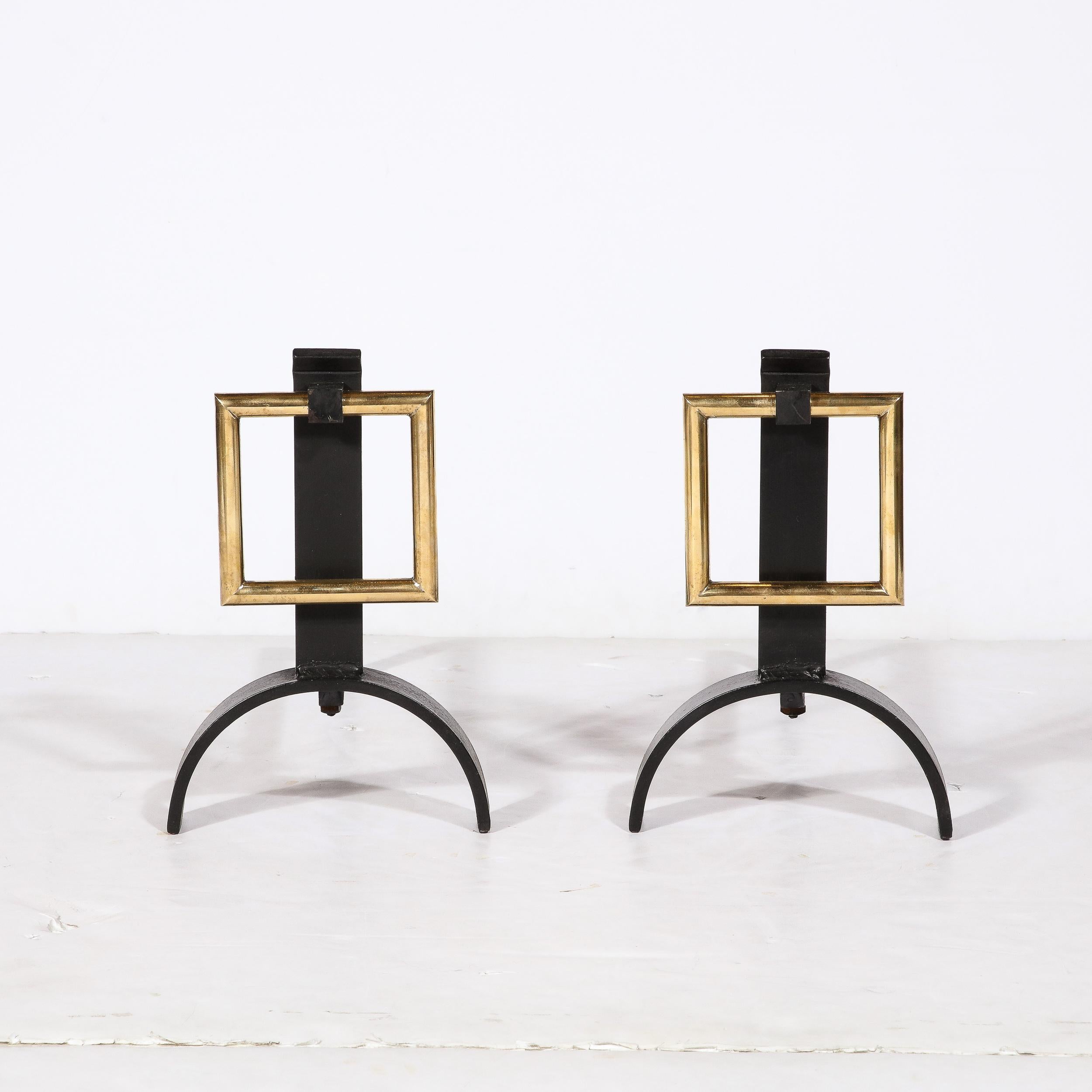 Mid-Century Modern Pair of Mid-Century Polished Brass & Enamel Buckle Form Andirons by Donal Deskey For Sale