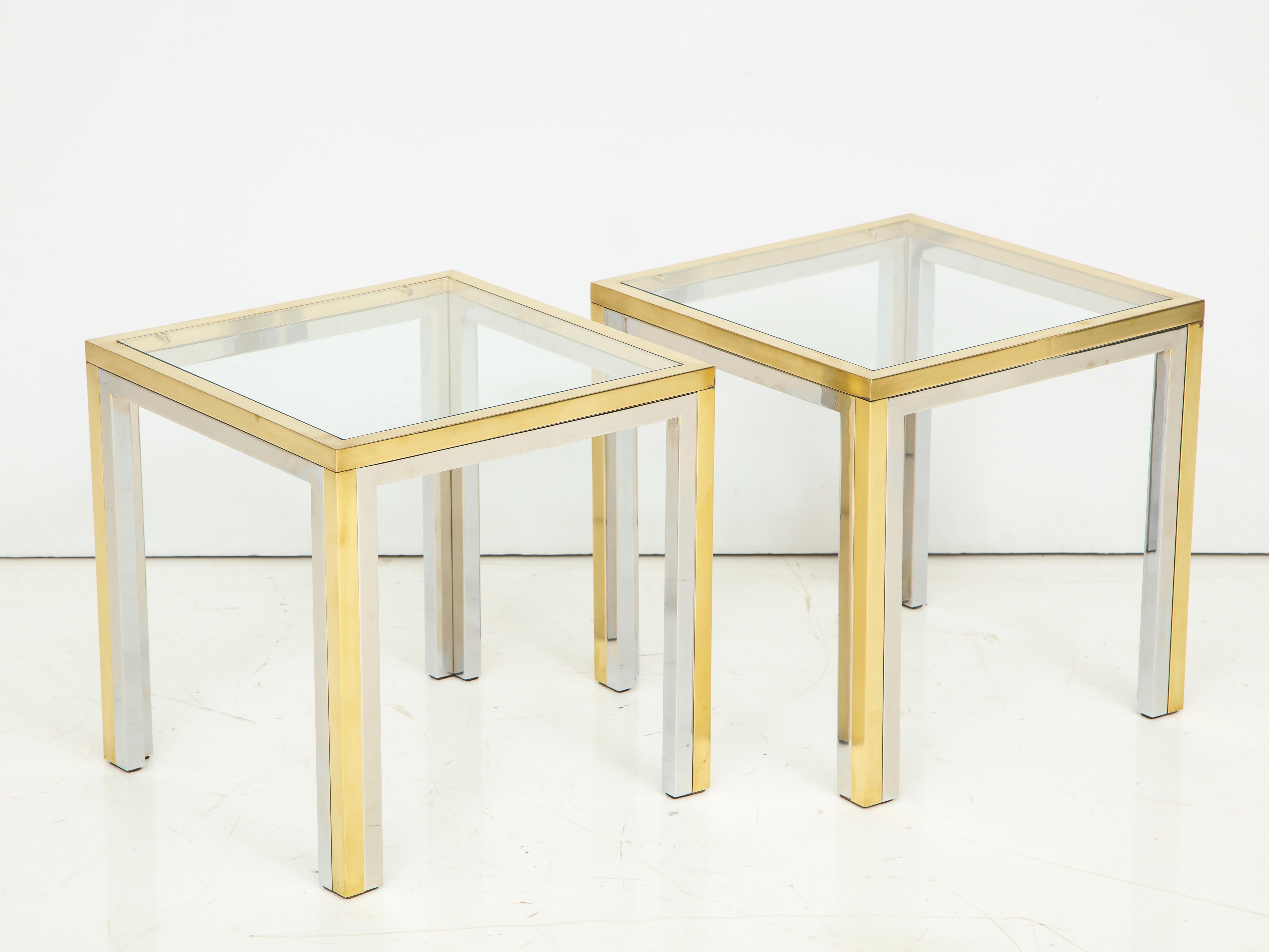 French Pair of Mid-Century Polished Chrome Glass and Brass Tables For Sale
