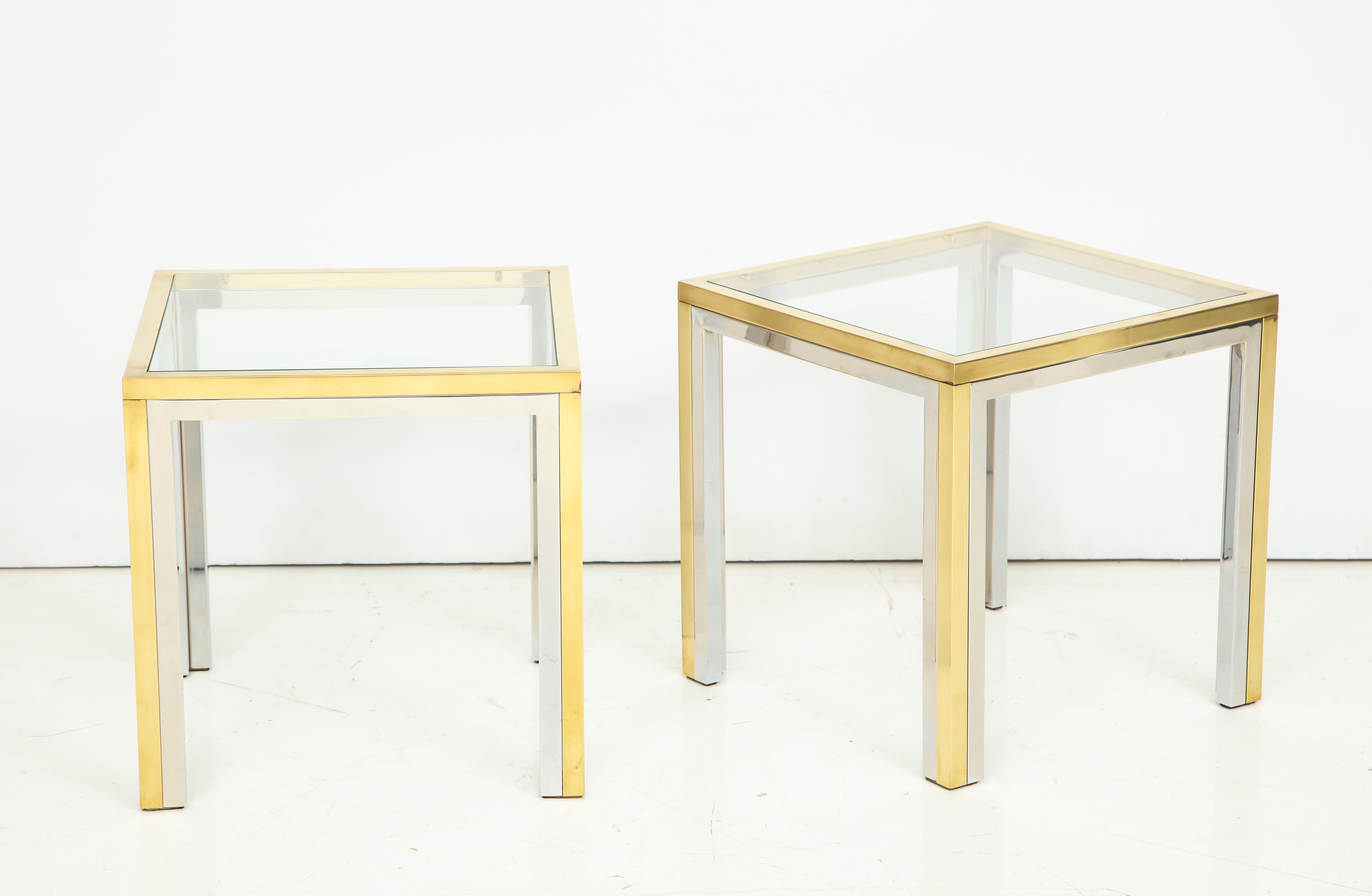 Pair of Mid-Century Polished Chrome Glass and Brass Tables In Good Condition For Sale In New York, NY