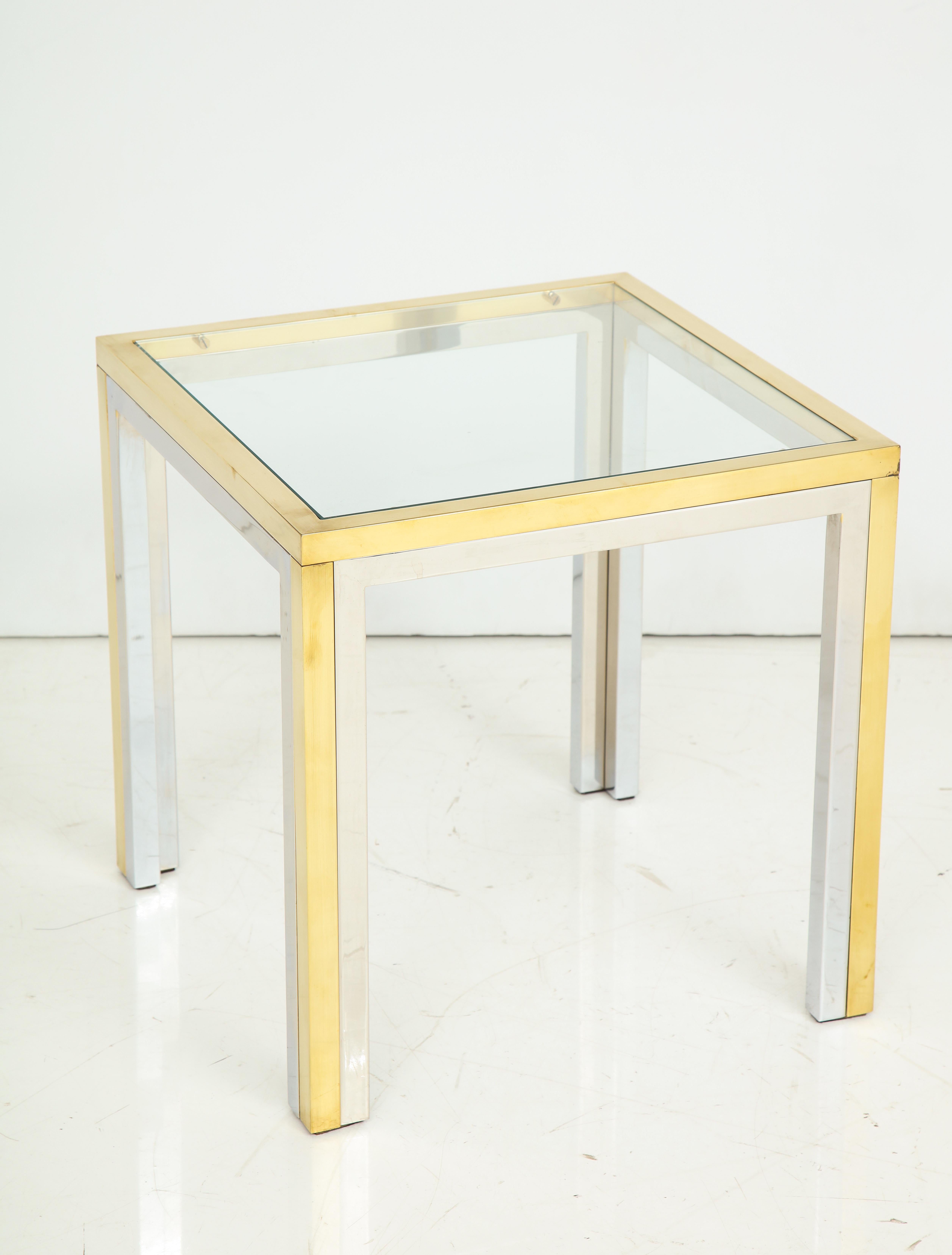 Pair of Mid-Century Polished Chrome Glass and Brass Tables For Sale 1