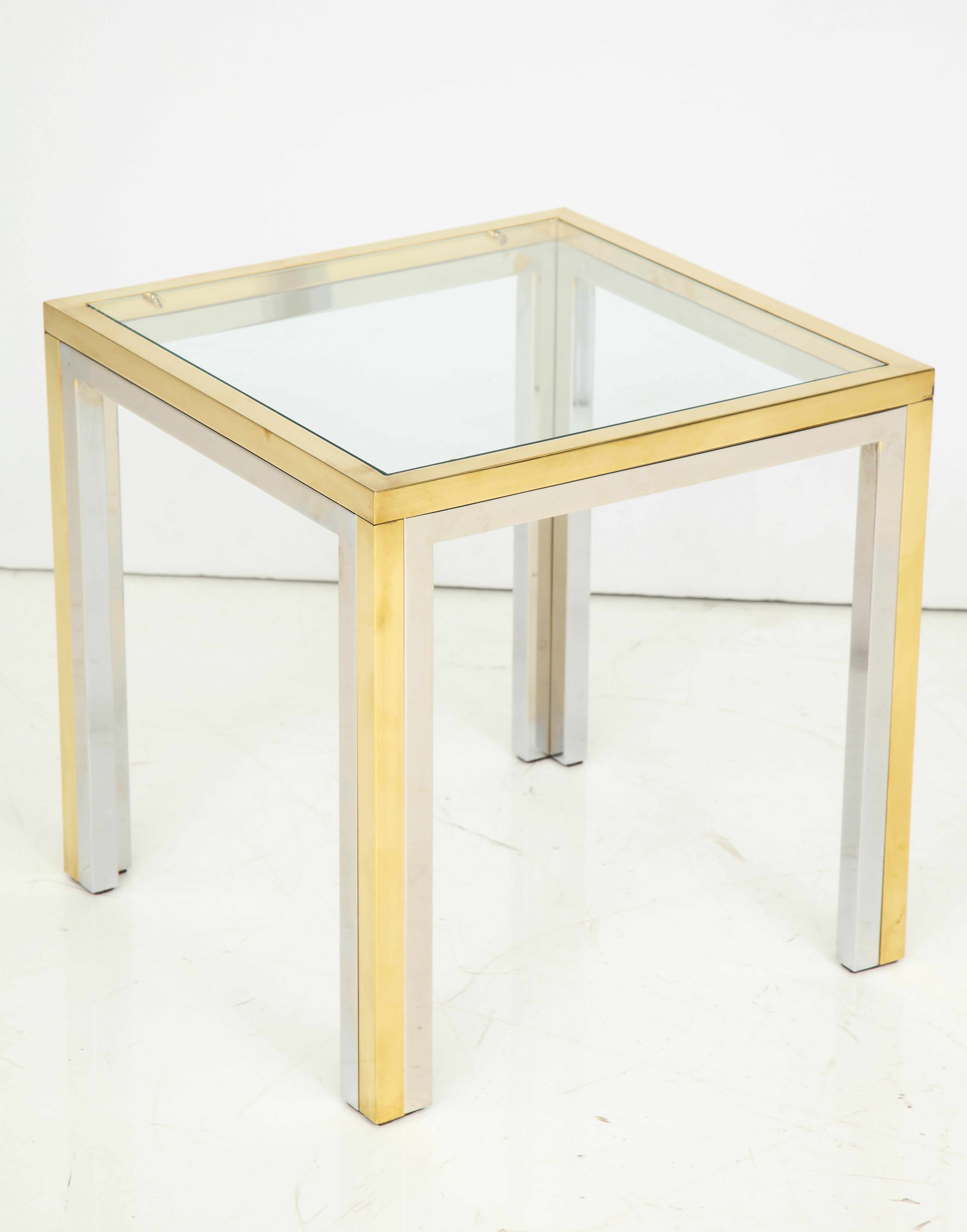 Pair of Mid-Century Polished Chrome Glass and Brass Tables For Sale 3