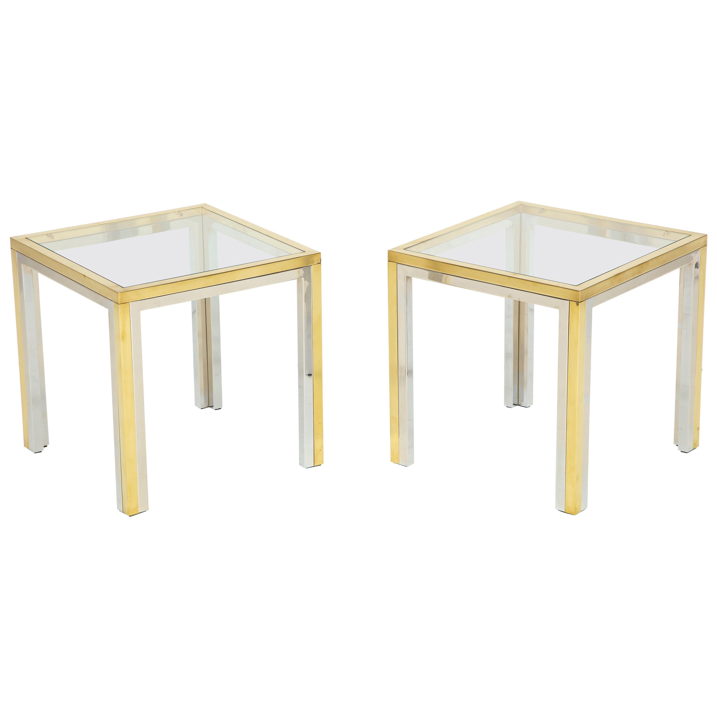 Pair of Mid-Century Polished Chrome Glass and Brass Tables For Sale