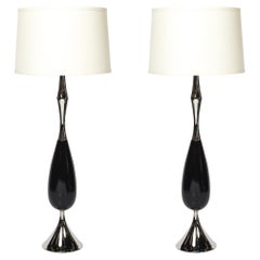 Pair of Mid-Century Polished Nickel & Ebonized Walnut Table Lamps by Tony Paul