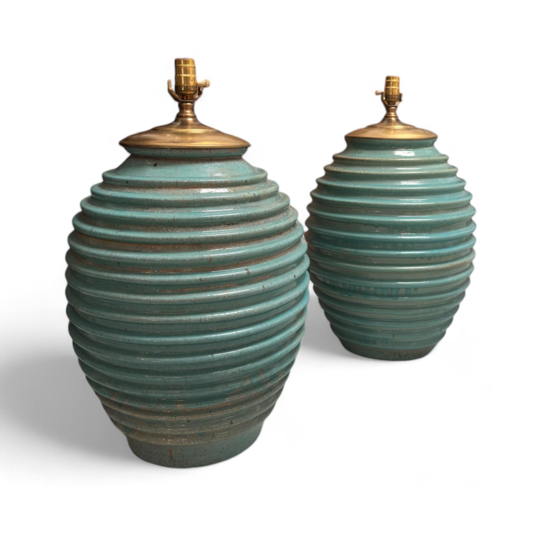 Pair of Vintage Hand Thrown Porcelain Celadon Large Table Lamps In Good Condition In Los Angeles, CA