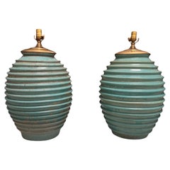 Pair of Vintage Hand Thrown Porcelain Celadon Large Table Lamps