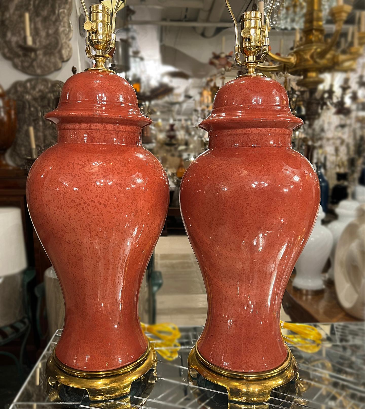 Bronze Pair of Mid Century Porcelain Table Lamps