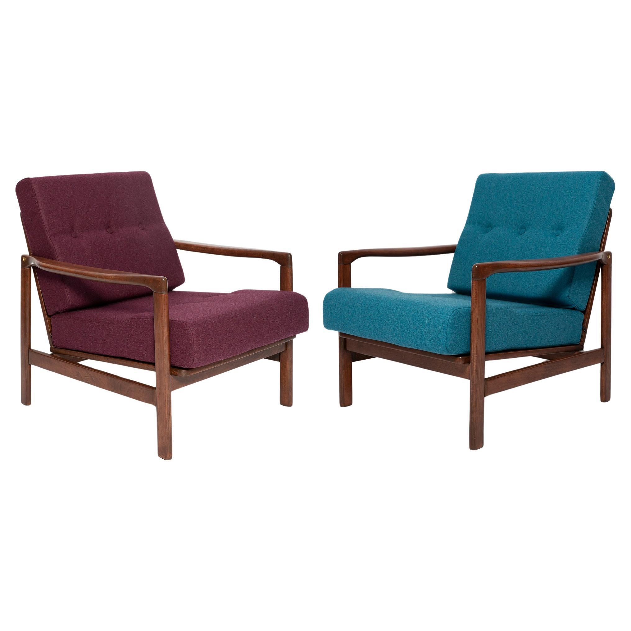 Pair of Mid Century Purple and Blue Wool Armchairs, Zenon Baczyk, Poland, 1960s For Sale